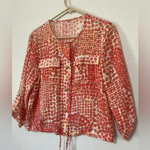 Hearts of Palm women's button down cinch bottom semi sheer flap pocket top EUC - Picture 6 of 6